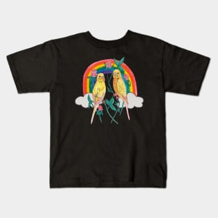 Two colorful parrot budgies with rainbow Kids T-Shirt